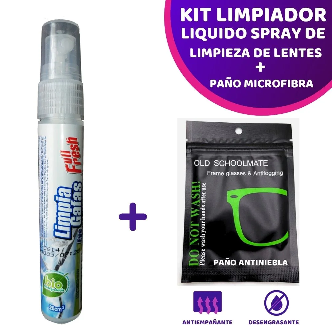 Kit Limpia Gafas, Líquido Limpiador de 20ml + Paño Microfibra Antiniebla